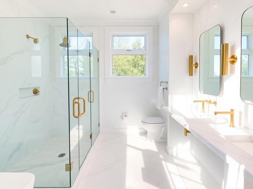 Bathroom with marble tile and brass fixtures
