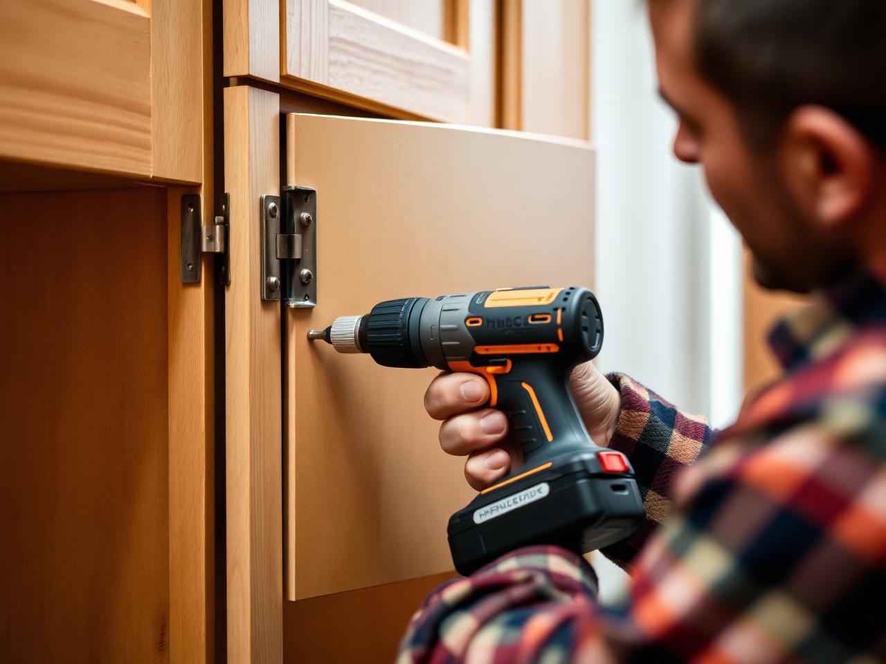 Handyman repairing cabinet hinge