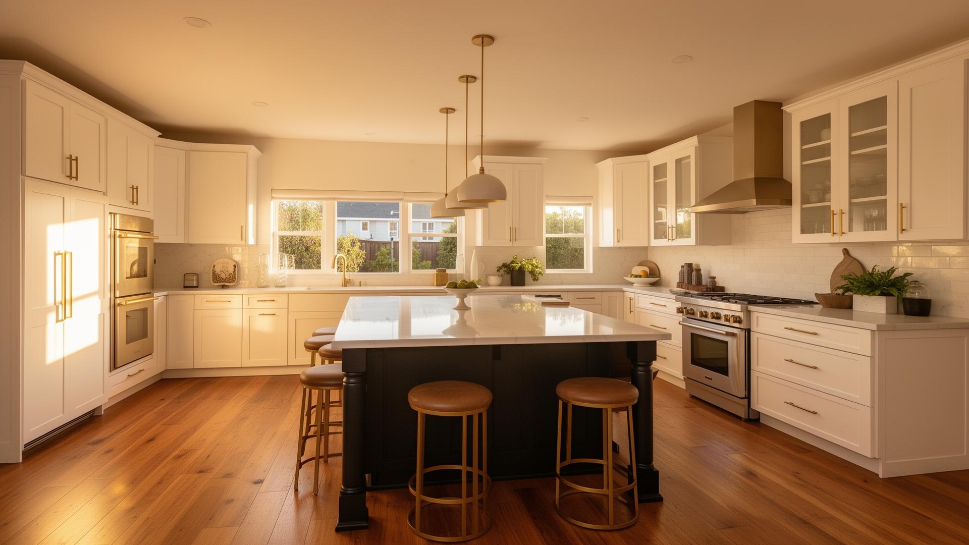Recently remodeled California kitchen with white shaker cabinets and brass fixtures
